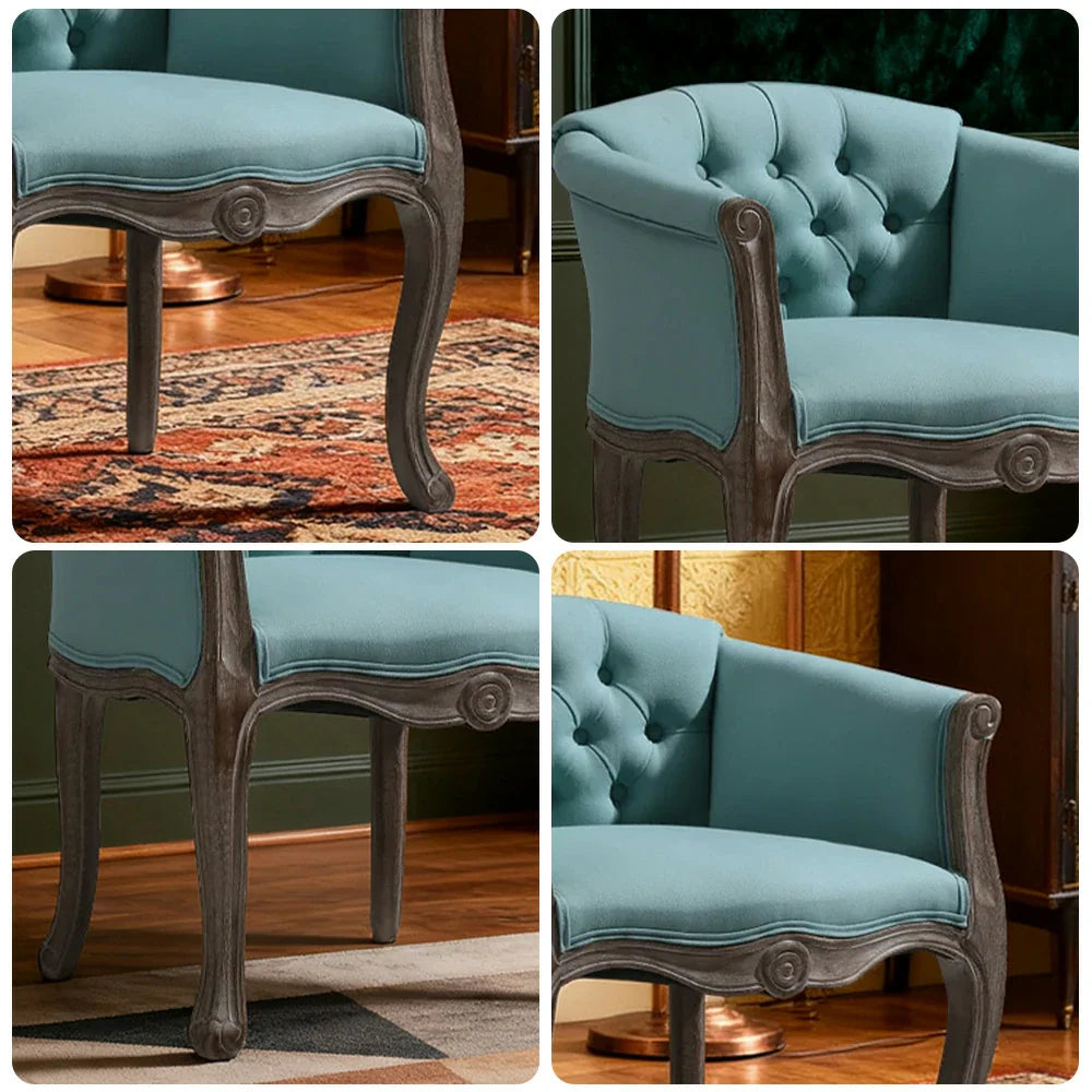 LIVARA Sea Blue Vintage Accent Armchair Sofa Wood PU Living Tiffany Frame Elegant Leather Solid Chair Room Single Tufted Retro Backrest Blue
