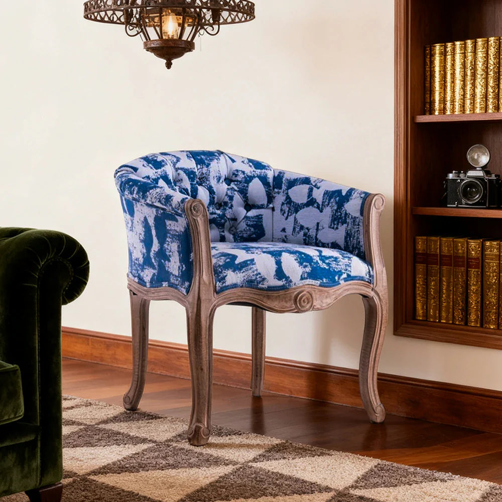 LIVARA Sea Blue Vintage Accent Armchair Tufted Retro Solid Living Room Backrest Sofa Leather Elegant Wood Frame Chair PU Single Blue&White