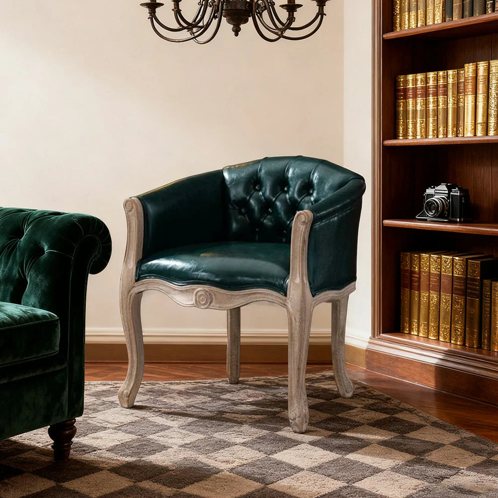 LIVARA Sea Blue Vintage Accent Armchair Room Chair PU Living Tufted Retro Leather Elegant Wood Solid Single Backrest Frame Sofa Green