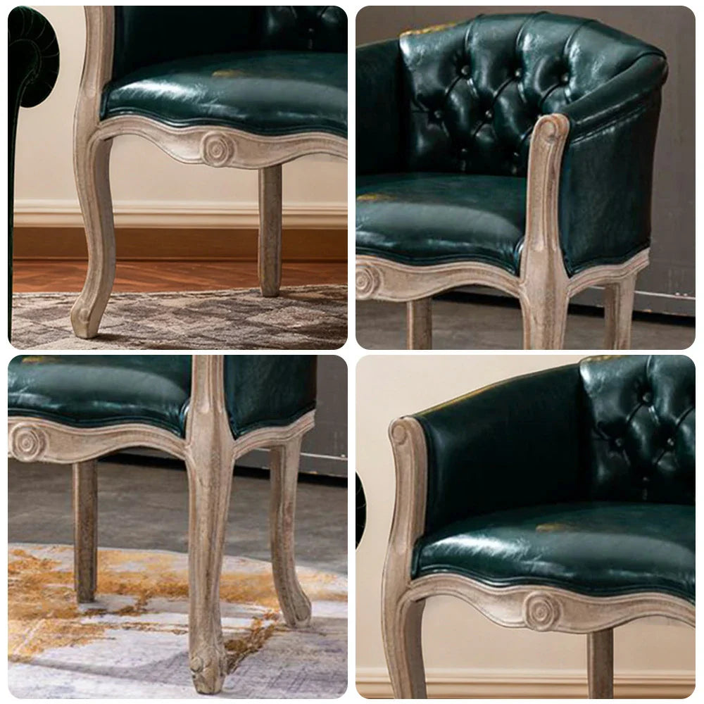 LIVARA Sea Blue Vintage Accent Armchair Room Chair PU Living Tufted Retro Leather Elegant Wood Solid Single Backrest Frame Sofa Green