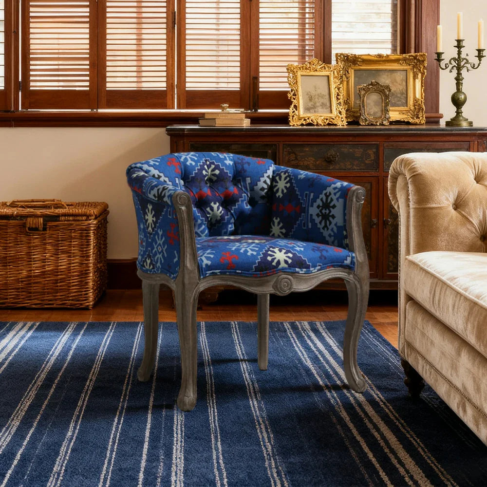 LIVARA Bohemian Vintage Accent Armchair Sofa Upholstery Backrest Frame Bohemian Tufted Blue Solid Chair Wood Elegant Single Room Colorful Fabric Living Style