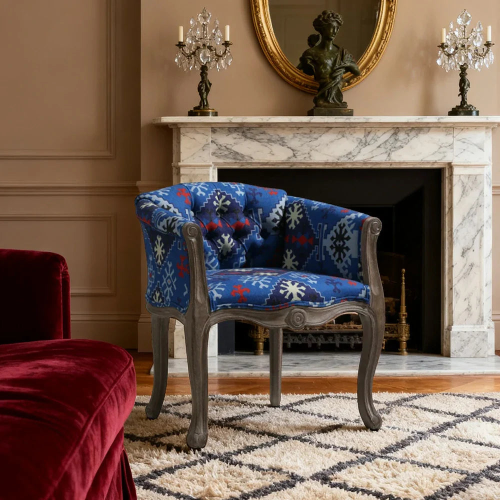 LIVARA Bohemian Vintage Accent Armchair Sofa Upholstery Backrest Frame Bohemian Tufted Blue Solid Chair Wood Elegant Single Room Colorful Fabric Living Style