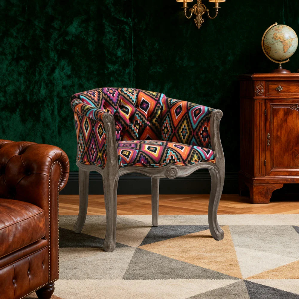 LIVARA Color Patchwork Vintage Accent Armchair Chair Upholstery Wood Fabric Tufted Single Multicolor Elegant Backrest Frame Living Room Colorful Sofa Solid Patchwork Fabric