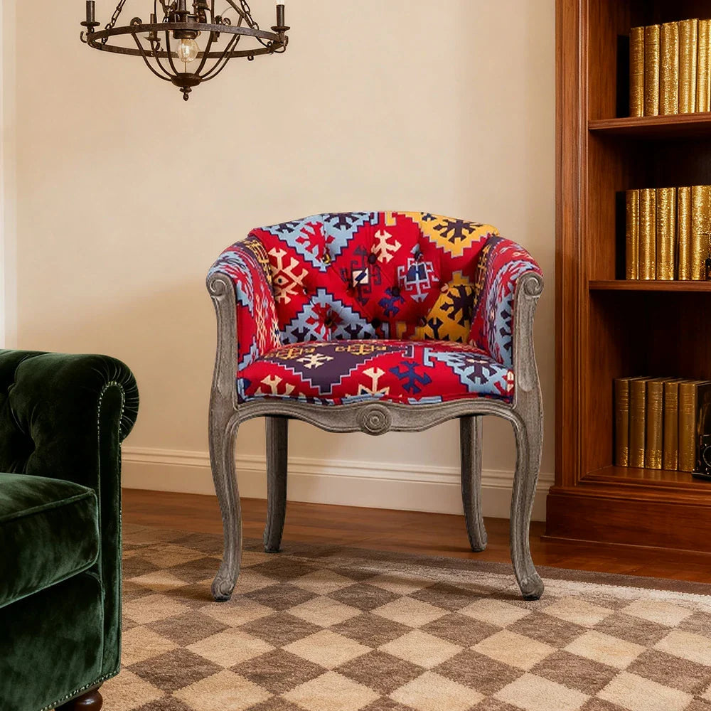LIVARA Color Patchwork Vintage Accent Armchair Upholstery Wood Living Single Backrest Colorful Tufted Room Sofa Frame Chair Fabric Solid Elegant Patchwork Red