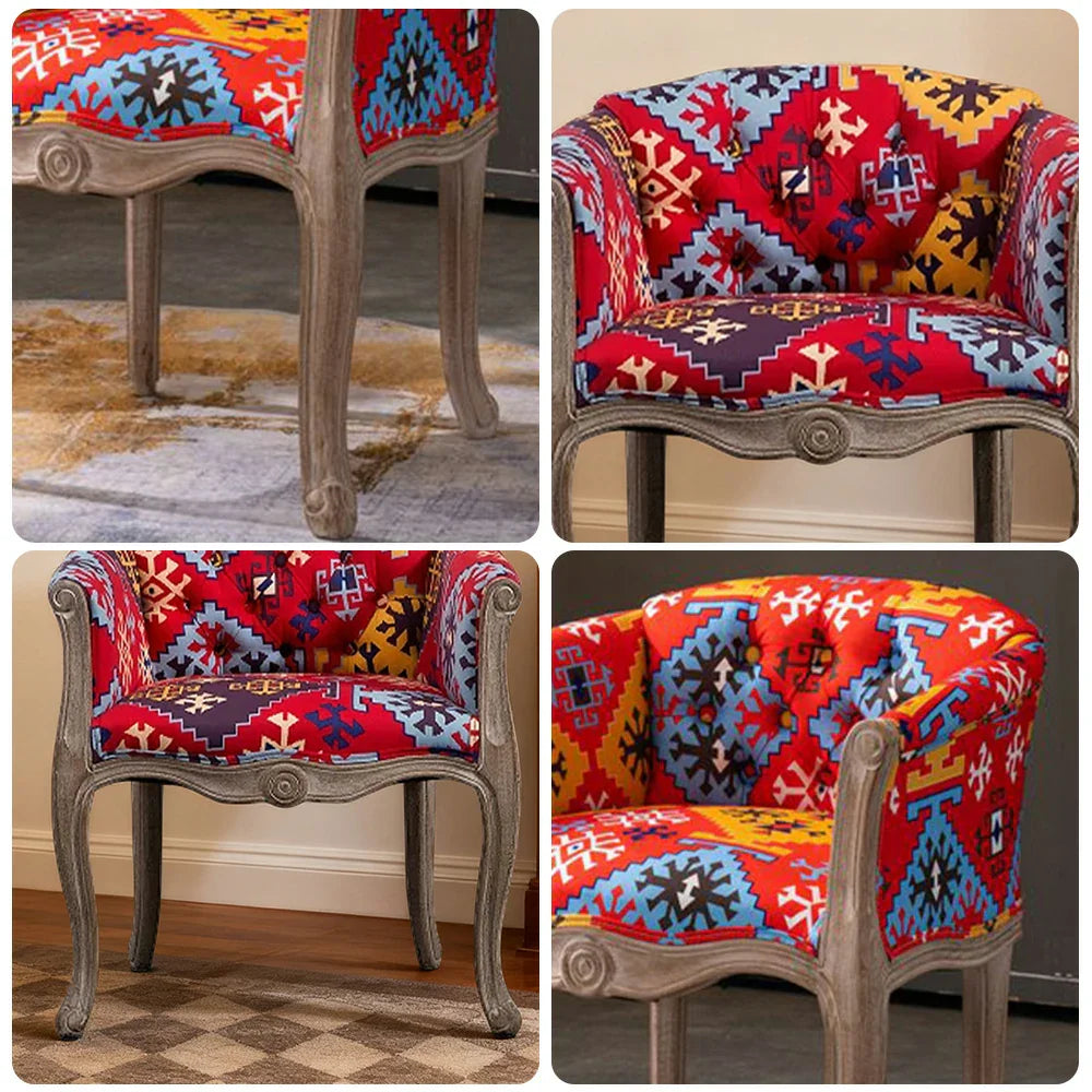 LIVARA Color Patchwork Vintage Accent Armchair Upholstery Wood Living Single Backrest Colorful Tufted Room Sofa Frame Chair Fabric Solid Elegant Patchwork Red