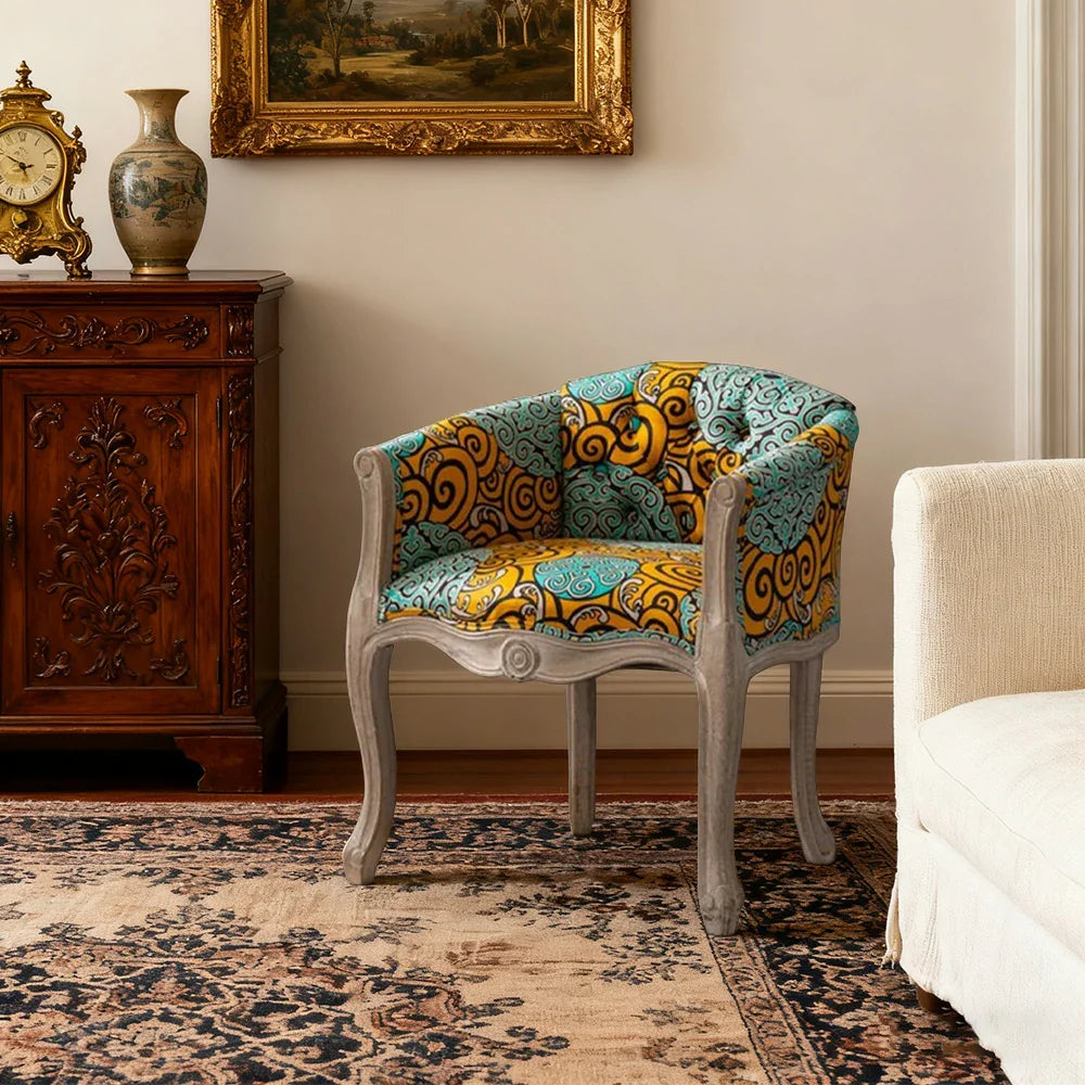 LIVARA Color Patchwork Vintage Accent Armchair Living Chair Room Patchwork Backrest Sofa Fabric Colorful Single Frame Upholstery Tufted Elegant Wood Solid Green