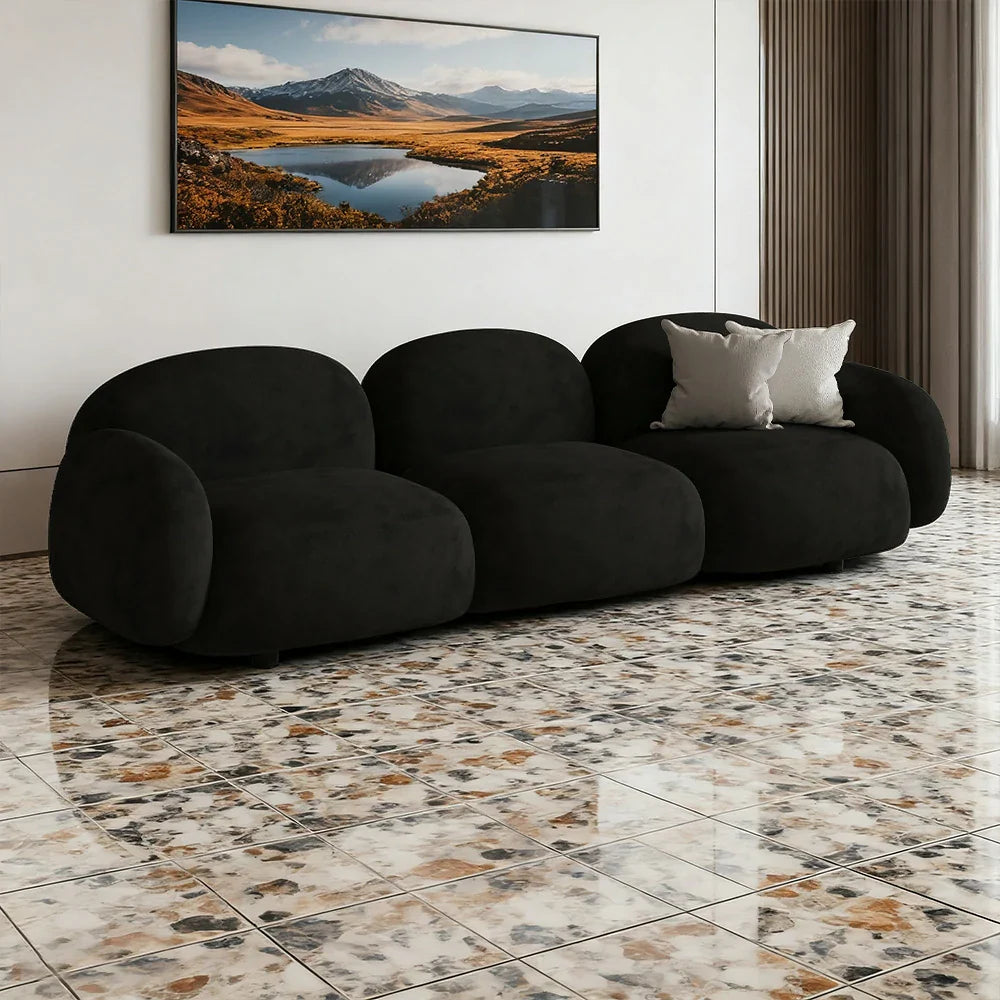 LIVARA 85/145/205cm Soft Fleece - Touch, Sponge, Durable Curved Ergonomic Comfort Sofa Upholstered, High-Density Lamb Design, Black