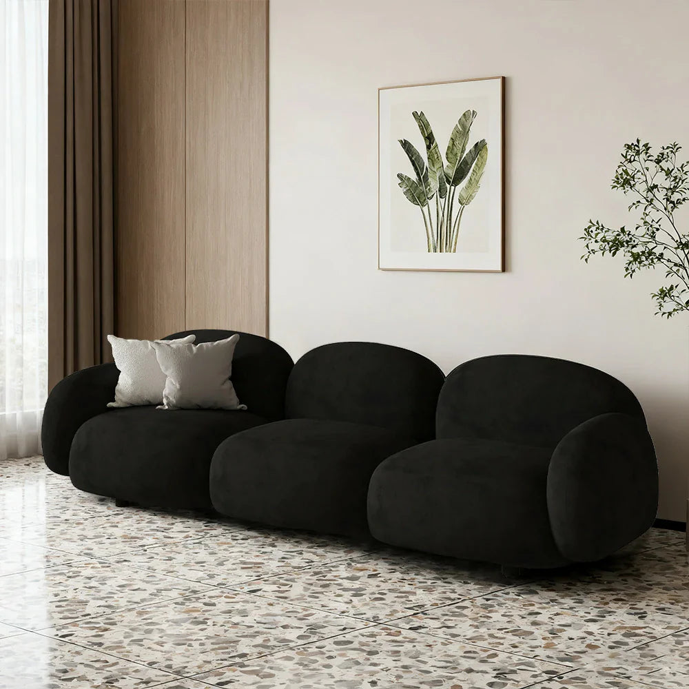 LIVARA 85/145/205cm Soft Fleece - Touch, Sponge, Durable Curved Ergonomic Comfort Sofa Upholstered, High-Density Lamb Design, Black