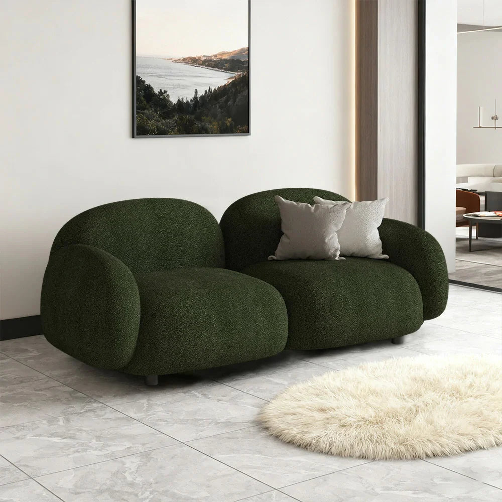 LIVARA 85/145/205cm Soft Fleece Sponge, Touch, Design, Upholstered, - Curved Sofa Ergonomic Durable Comfort High-Density Lamb Green