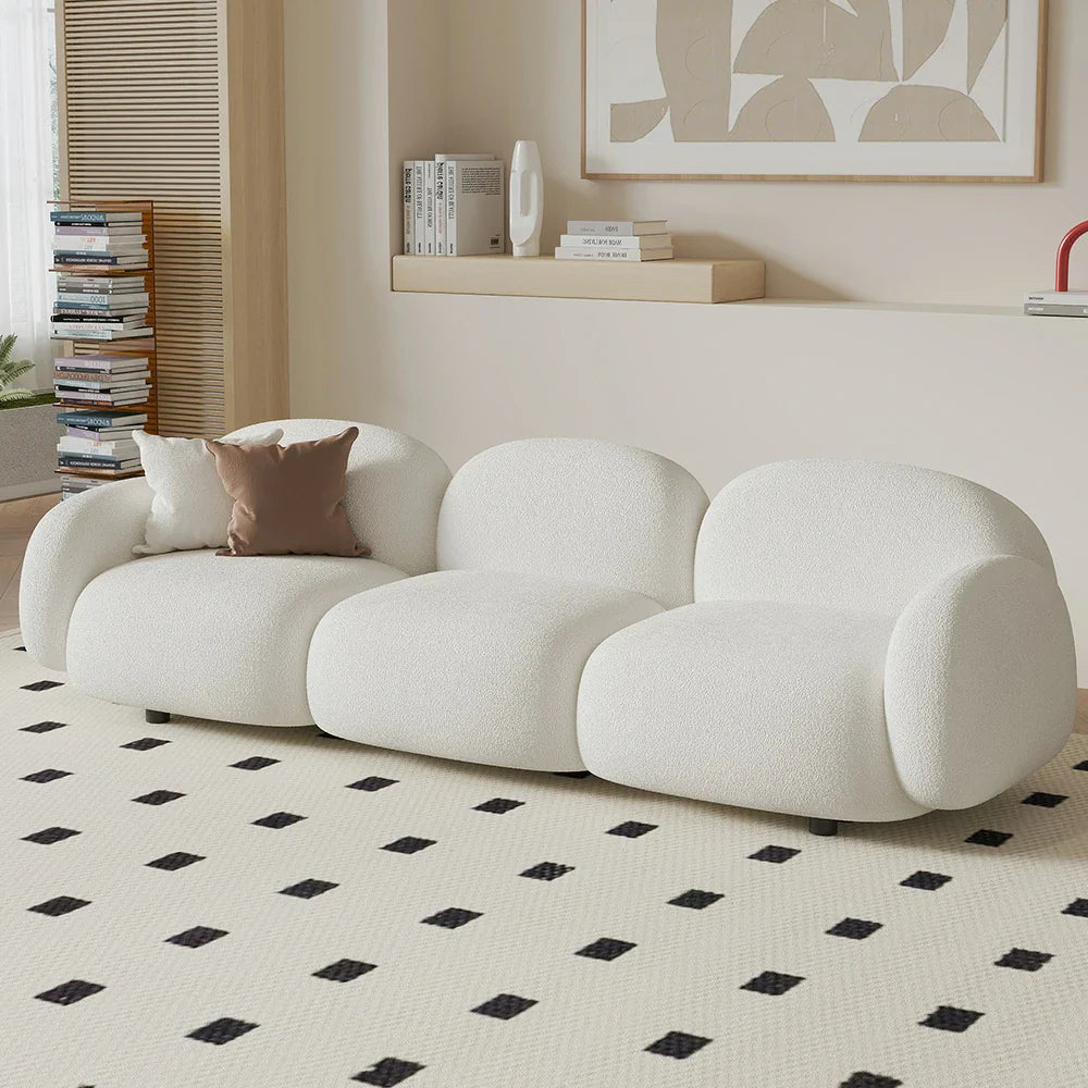 LIVARA 85/145/205cm Sponge, Curved Comfort Sofa Soft Ergonomic - Design, High-Density Fleece Durable Touch, Lamb Upholstered, White