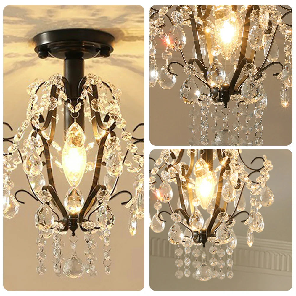 LIVARA Crystal Mount - & Pendants E14 Flush Bedroom Living Hanging Iron Lamp LED for Light, Black Crystal Room with Frame Hallway Ceiling
