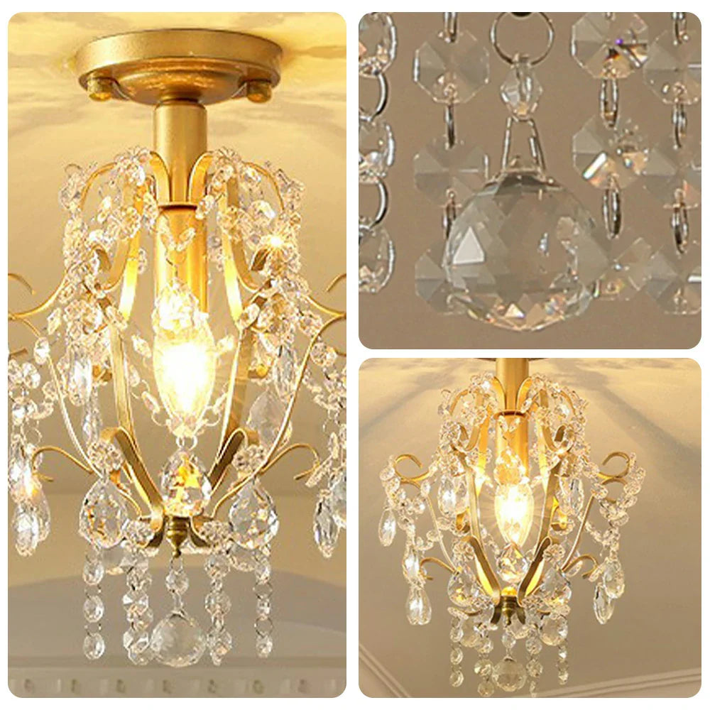 LIVARA Crystal Flush - LED Crystal Hanging Frame with Pendants & Iron Hallway E14 Ceiling Living Lamp Gold Light, Room for Bedroom Mount