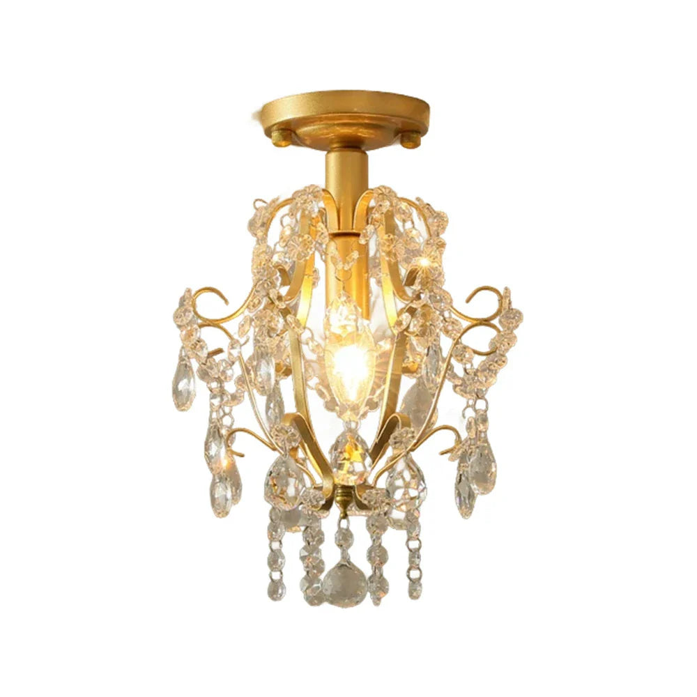 LIVARA Crystal Flush - LED Crystal Hanging Frame with Pendants & Iron Hallway E14 Ceiling Living Lamp Gold Light, Room for Bedroom Mount
