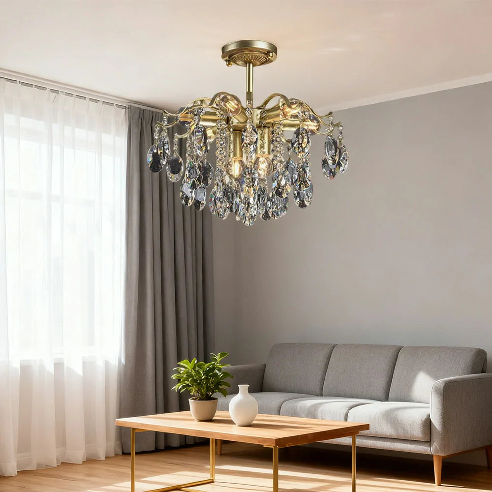 LIVARA 40/50/65cm Warm Light Gold Crystal Chandelier E14 LED Pendant Light with Iron Frame & Sparkling Crystal Drops for Living Room Bedroom