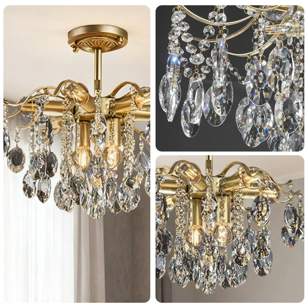 LIVARA 40/50/65cm Warm Light Gold Crystal Chandelier E14 LED Pendant Light with Iron Frame & Sparkling Crystal Drops for Living Room Bedroom