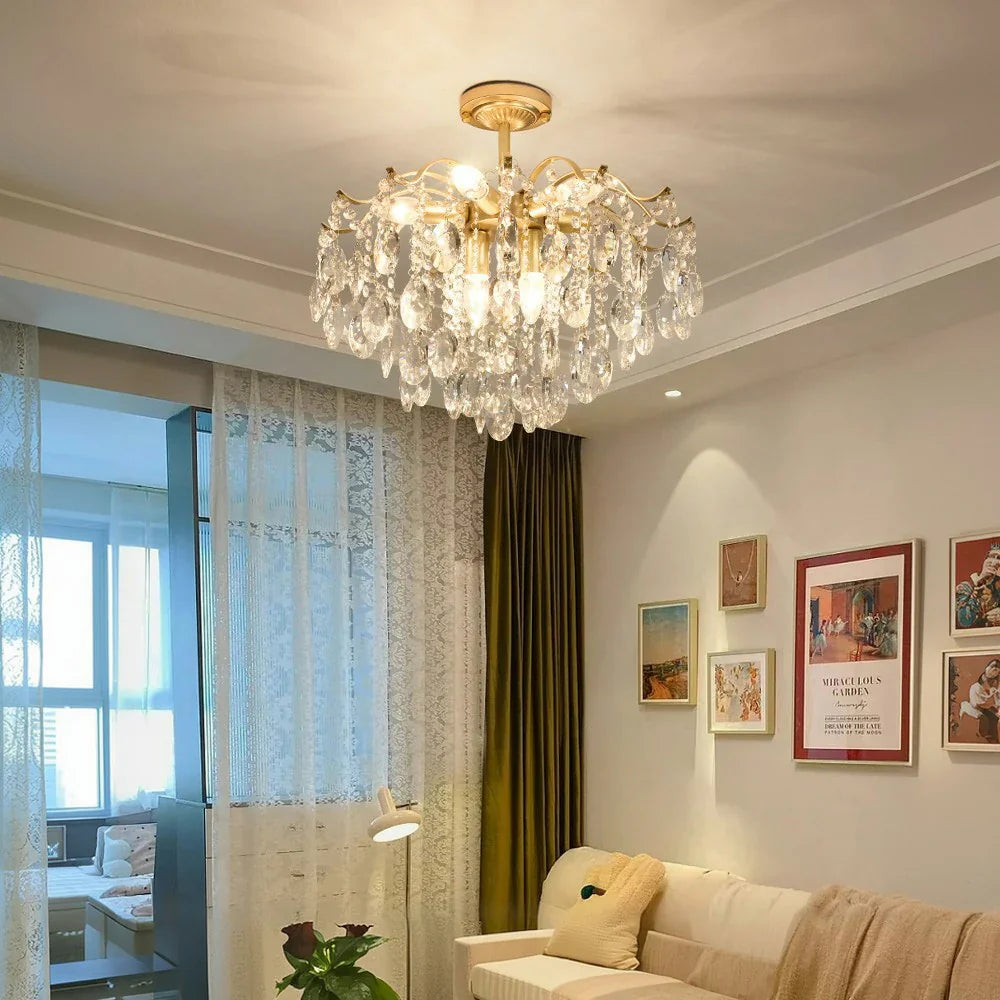 LIVARA 40/50/65cm Warm Light Gold Crystal Chandelier E14 LED Pendant Light with Iron Frame & Sparkling Crystal Drops for Living Room Bedroom