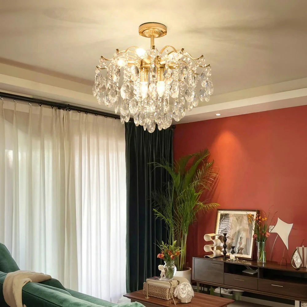 LIVARA 40/50/65cm Warm Light Gold Crystal Chandelier E14 LED Pendant Light with Iron Frame & Sparkling Crystal Drops for Living Room Bedroom