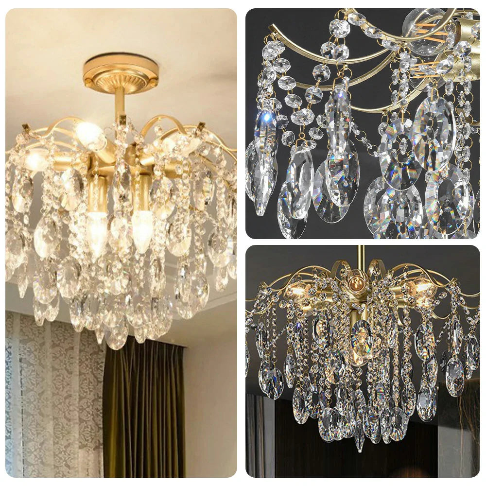 LIVARA 40/50/65cm Warm Light Gold Crystal Chandelier E14 LED Pendant Light with Iron Frame & Sparkling Crystal Drops for Living Room Bedroom