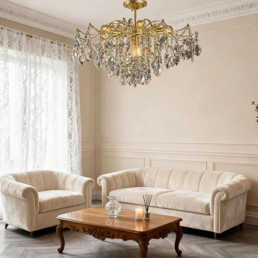 LIVARA 40/50/65cm Warm Light Gold Crystal Chandelier E14 LED Pendant Light with Iron Frame & Sparkling Crystal Drops for Living Room Bedroom