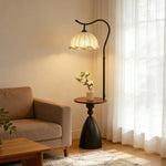 LIVARA Floor Lamp 3 Lighting Modes Cotton-Linen Shade Lily of the Valley Design Walnut Wood Base Foot Switch