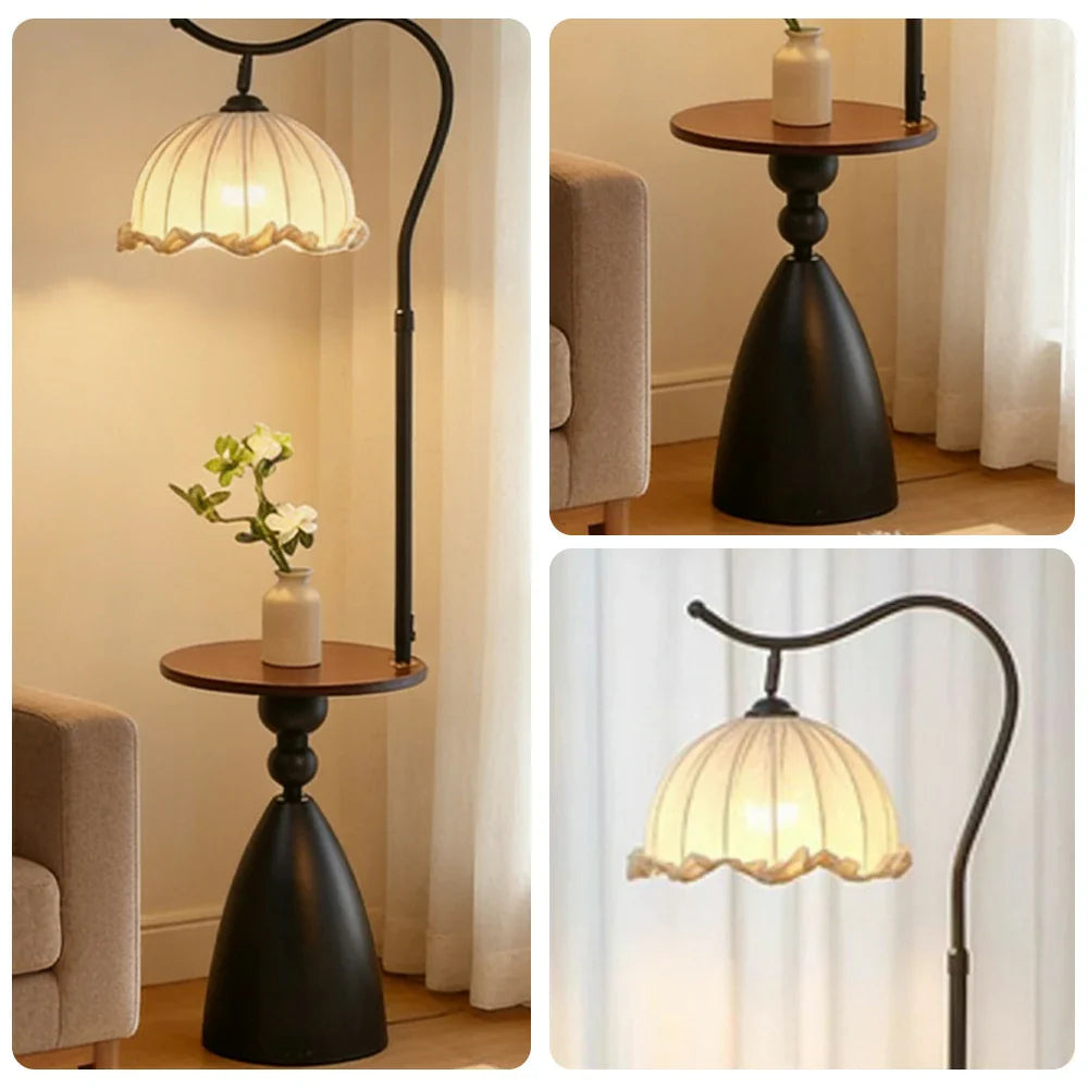 LIVARA Floor Lamp 3 Lighting Modes Cotton-Linen Shade Lily of the Valley Design Walnut Wood Base Foot Switch