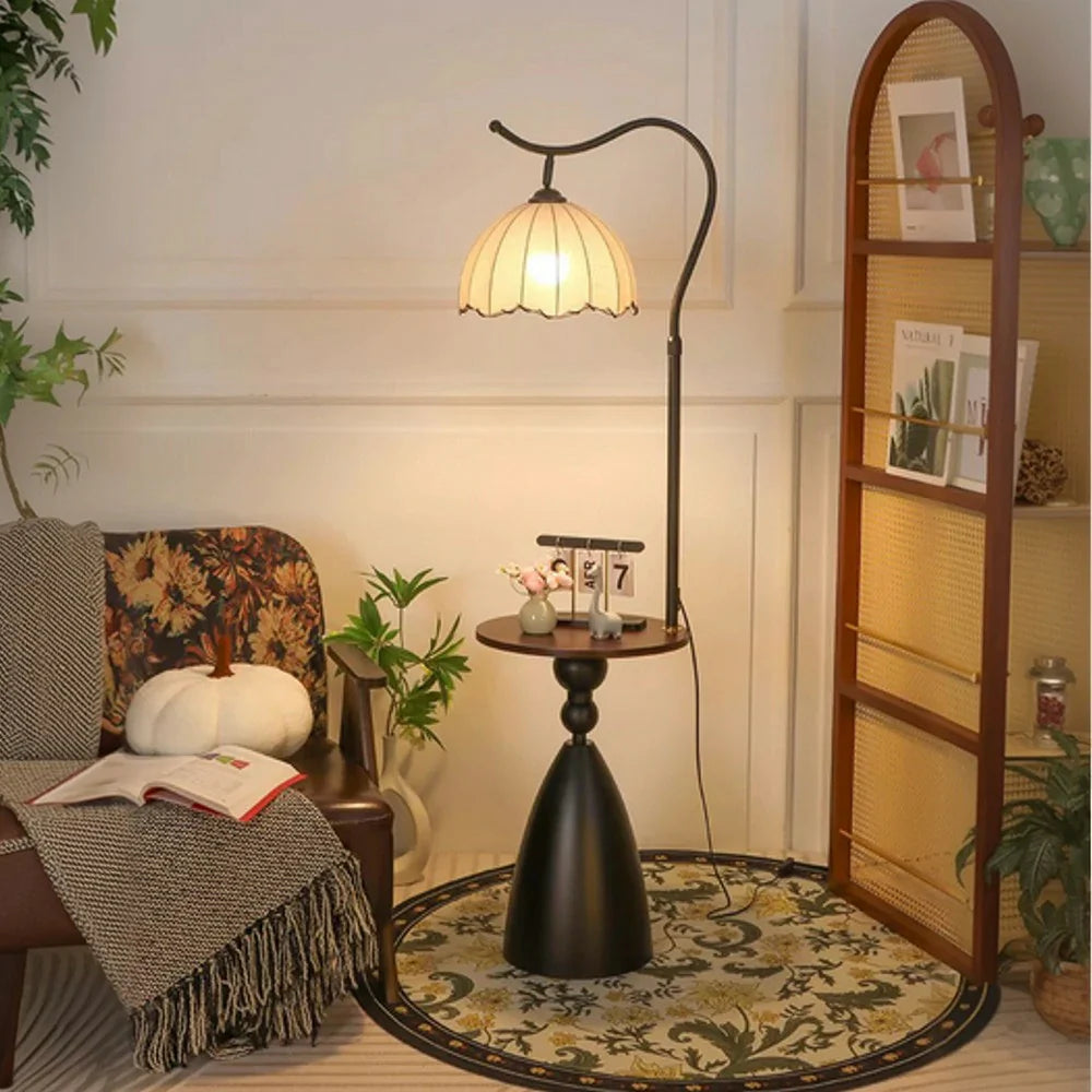 LIVARA Floor Lamp 3 Lighting Modes Cotton-Linen Shade Lily Design Walnut Wood Base Foot Switch