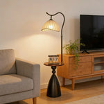 LIVARA Floor Lamp 3 Lighting Modes Cotton-Linen Shade Ingot Design Walnut Wood Base Foot Switch