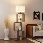 LIVARA Floor Lamp 3 Lighting Modes Fabric Shade Iron Base Wood Top Foot Switch Storage Shelf - Walnut