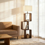 LIVARA Floor Lamp 3 Lighting Modes Fabric Shade Iron Base Wood Top Foot Switch Storage Shelf - Walnut