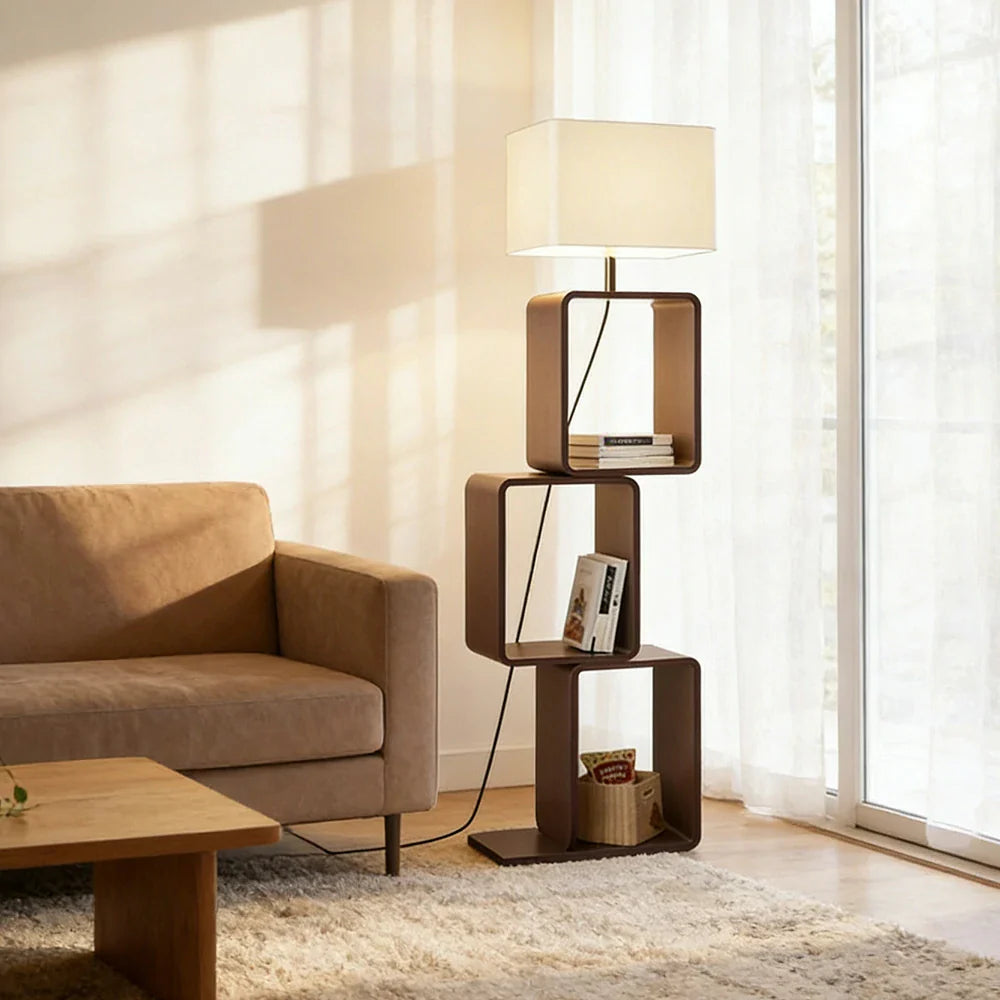 LIVARA Floor Lamp 3 Lighting Modes Fabric Shade Iron Base Wood Top Foot Switch Storage Shelf - Walnut