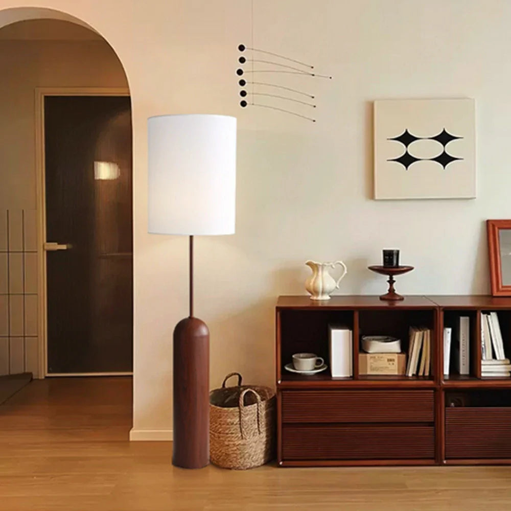 LIVARA Floor Lamp 3 Lighting Modes Linen Shade Walnut Wood Base Water Transfer Texture Foot Switch