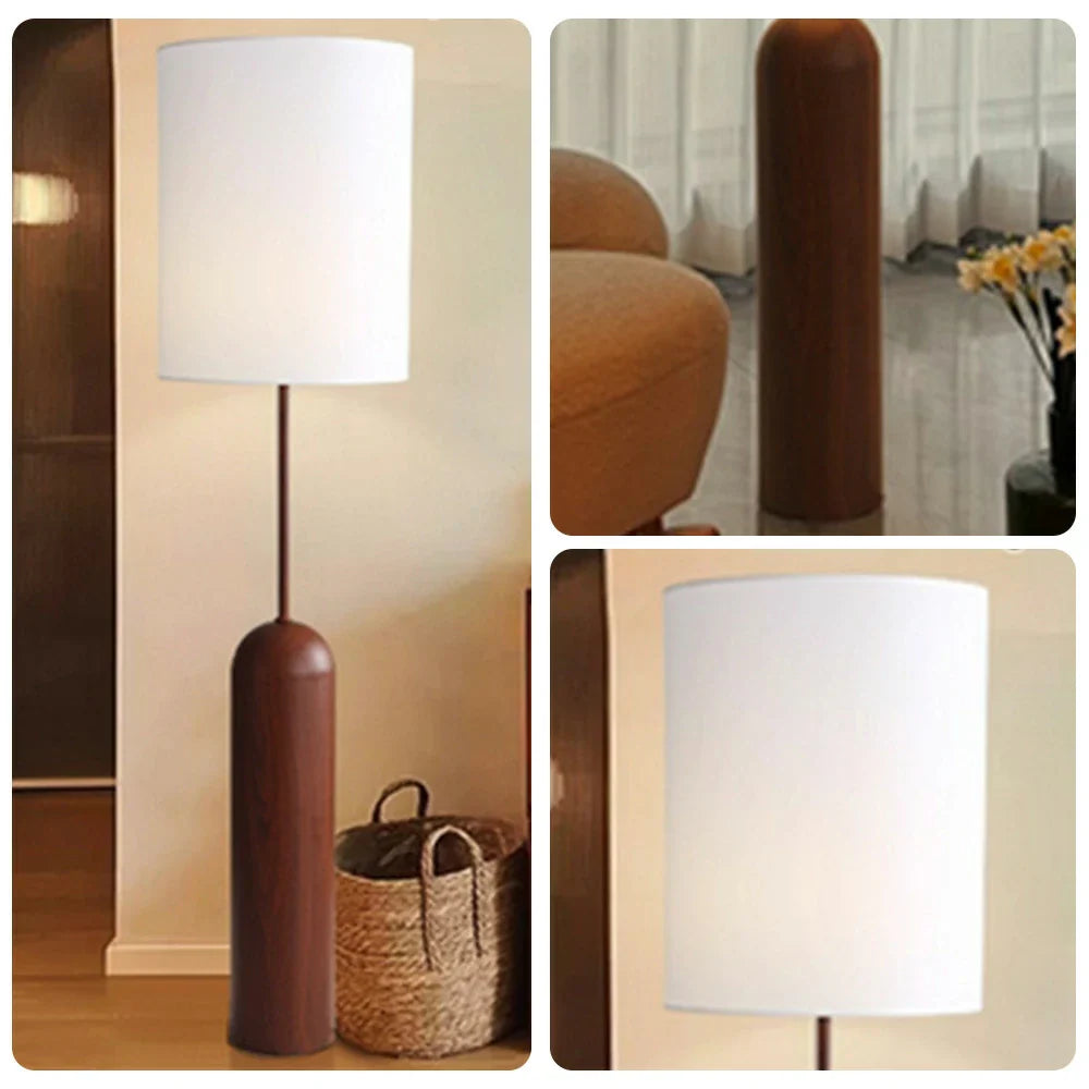 LIVARA Floor Lamp 3 Lighting Modes Linen Shade Walnut Wood Base Water Transfer Texture Foot Switch
