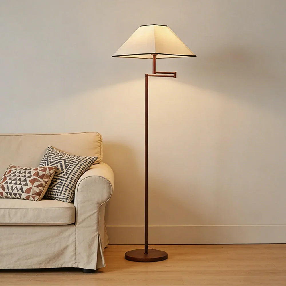 LIVARA Floor Lamp 3 Lighting Modes Fabric Shade Iron Base Rotatable Arm Water Transfer Wood Texture