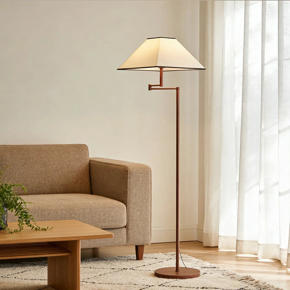LIVARA Floor Lamp 3 Lighting Modes Fabric Shade Iron Base Rotatable Arm Water Transfer Wood Texture