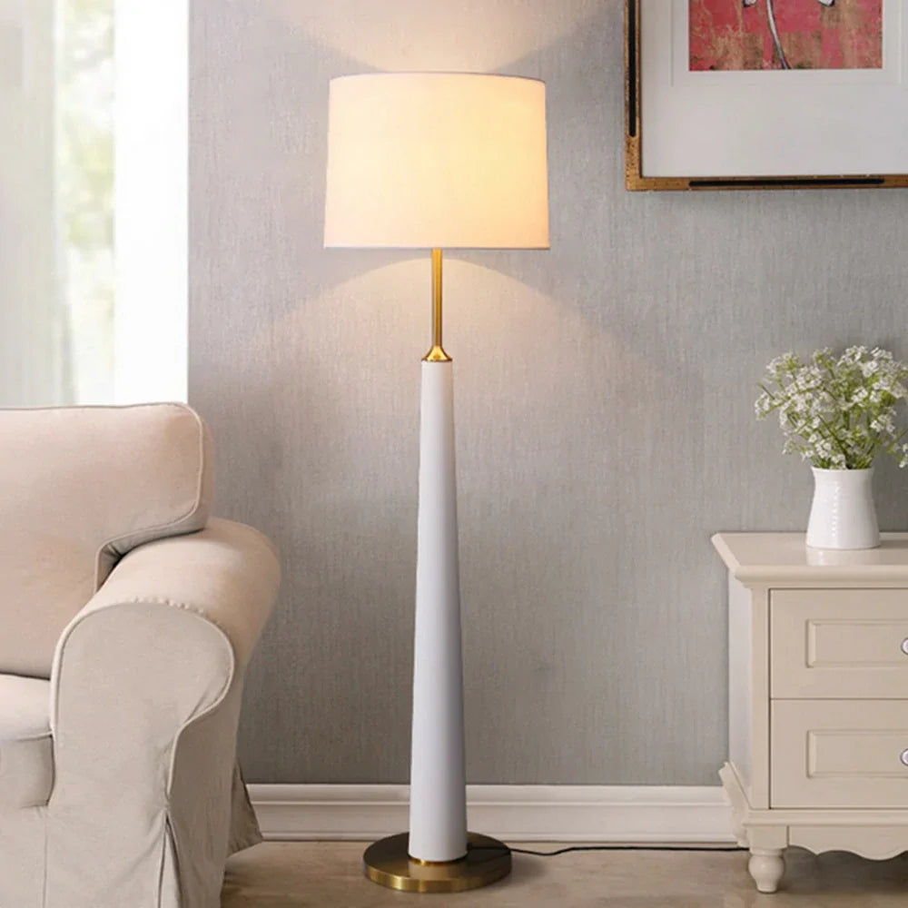 LIVARA Floor Lamp 3 Lighting Modes Fabric Shade Iron Base Foot Switch Water Transfer Wood Texture - White