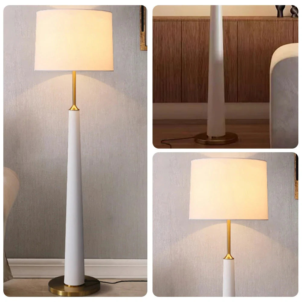 LIVARA Floor Lamp 3 Lighting Modes Fabric Shade Iron Base Foot Switch Water Transfer Wood Texture - White