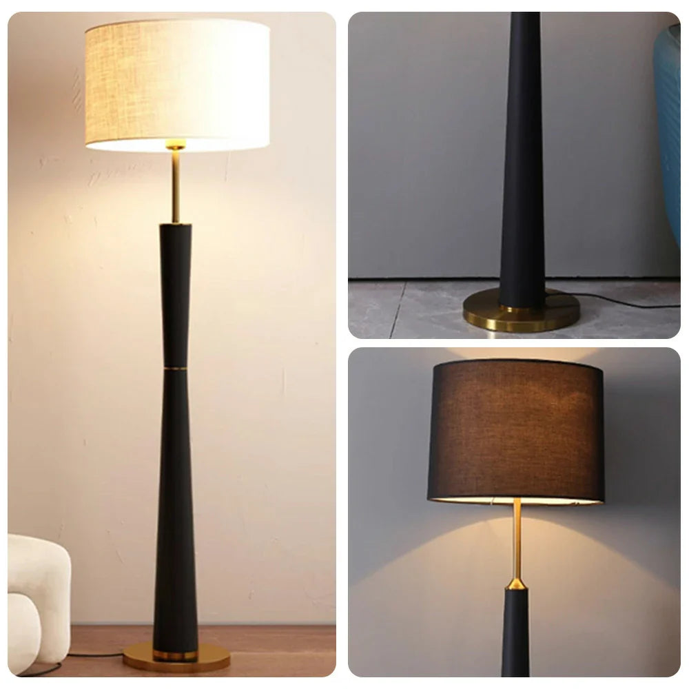 LIVARA Floor Lamp 3 Lighting Modes Fabric Shade Iron Base Foot Switch Water Transfer Wood Texture - Black