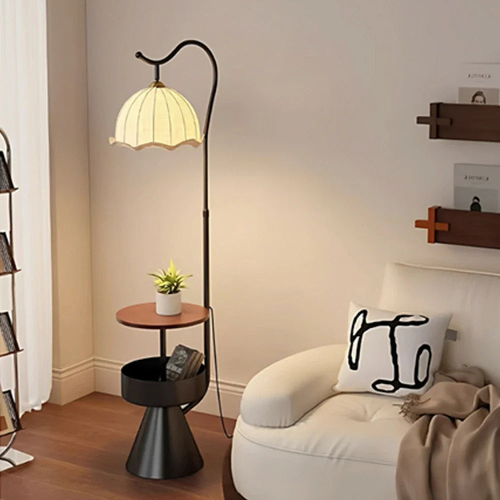 LIVARA Floor Lamp with Dual Storage Shelves - Warm Ambient Light, Stable Iron & Walnut Frame - Black