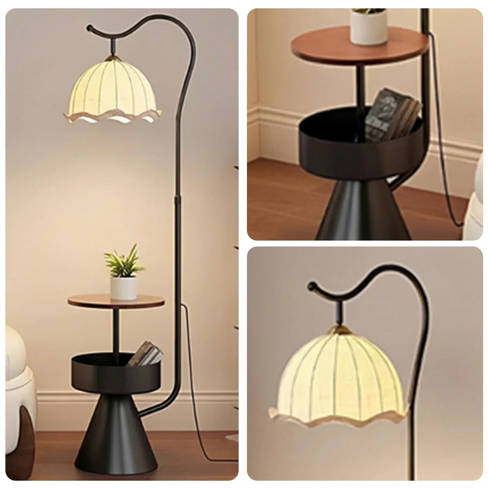 LIVARA Floor Lamp with Dual Storage Shelves - Warm Ambient Light, Stable Iron & Walnut Frame - Black