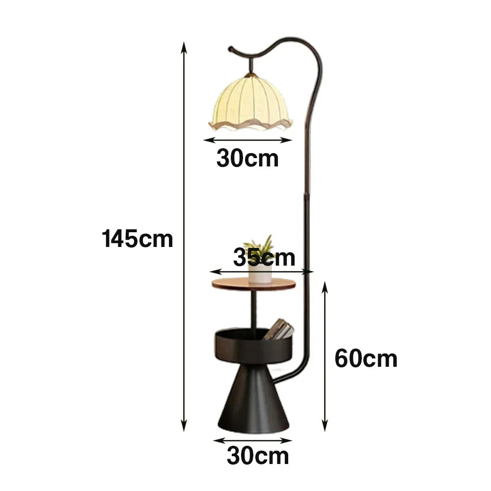 LIVARA Floor Lamp with Dual Storage Shelves - Warm Ambient Light, Stable Iron & Walnut Frame - Black