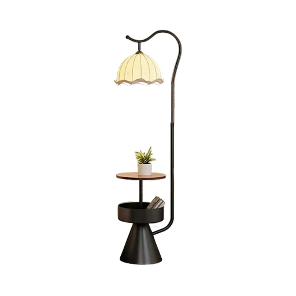 LIVARA Floor Lamp with Dual Storage Shelves - Warm Ambient Light, Stable Iron & Walnut Frame - Black