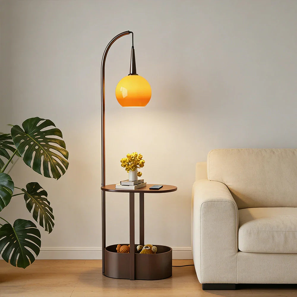 LIVARA Floor Lamp Wireless Charging - Soft Lighting, Dual Storage Design, Solid Wood & Iron Frame - Coffee