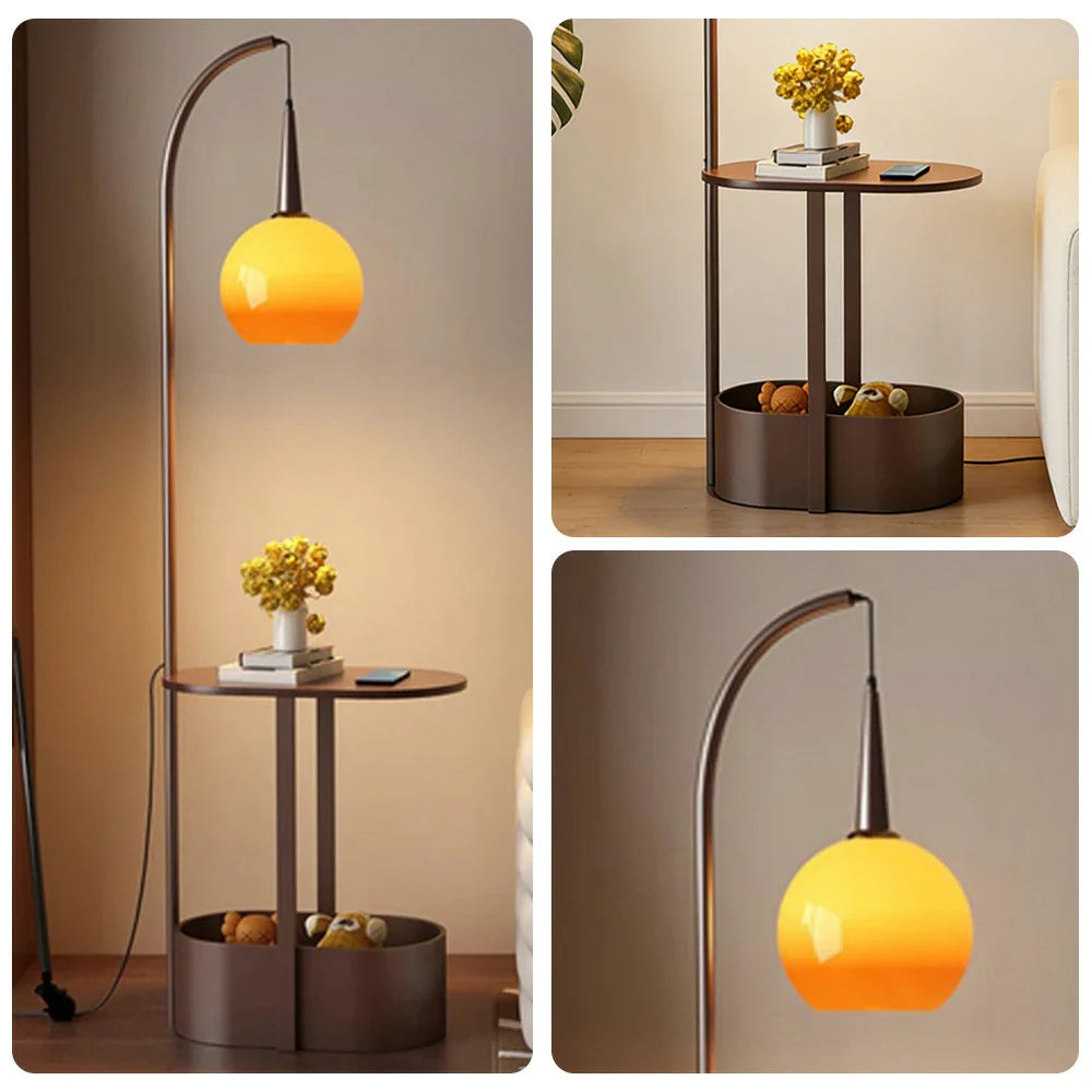 LIVARA Floor Lamp Wireless Charging - Soft Lighting, Dual Storage Design, Solid Wood & Iron Frame - Coffee