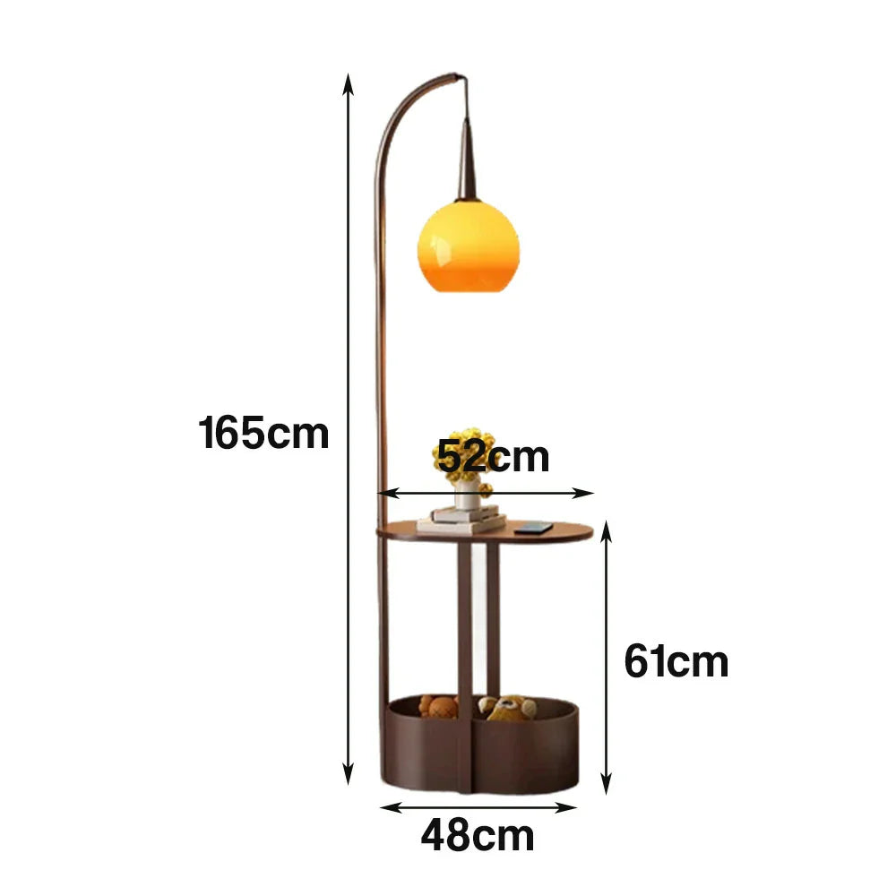 LIVARA Floor Lamp Wireless Charging - Soft Lighting, Dual Storage Design, Solid Wood & Iron Frame - Coffee