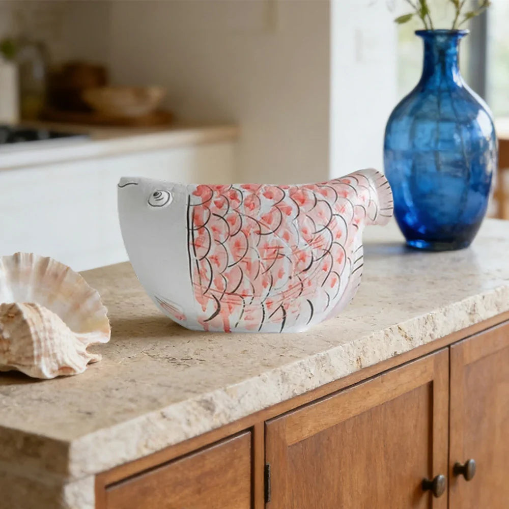 LIVARA Ceramic Vase Ornament Artistic Home Display Blue-and-White Porcelain with Crimson Dragonfish Motif Matte Ceramic Handcrafted Stone-Texture Design