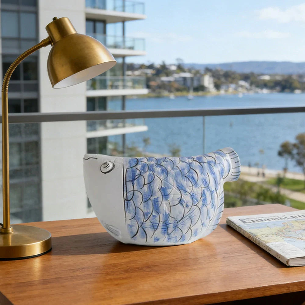 LIVARA Ceramic Vase Ornament Artistic Home Display Blue-and-White Porcelain with Indigo Dragonfish Motif Matte Ceramic Handcrafted Stone-Texture Design
