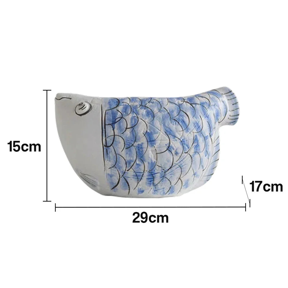 LIVARA Ceramic Vase Ornament Artistic Home Display Blue-and-White Porcelain with Indigo Dragonfish Motif Matte Ceramic Handcrafted Stone-Texture Design