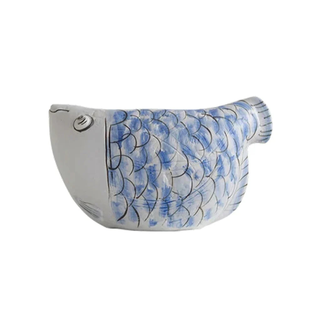 LIVARA Ceramic Vase Ornament Artistic Home Display Blue-and-White Porcelain with Indigo Dragonfish Motif Matte Ceramic Handcrafted Stone-Texture Design