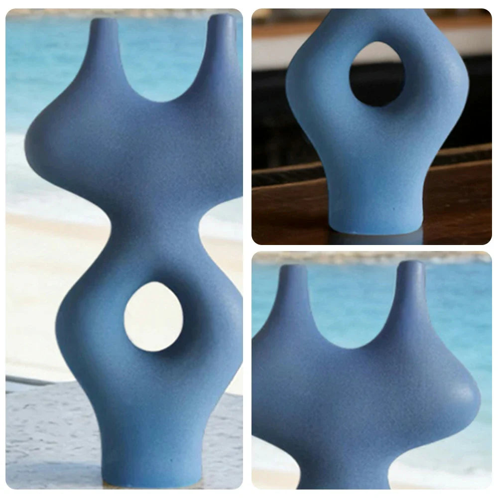 LIVARA Ceramic Vase Ornament Artistic Home Display Multi-Space Styling Matte Ceramic Handcrafted Stone-Texture Design - Blue
