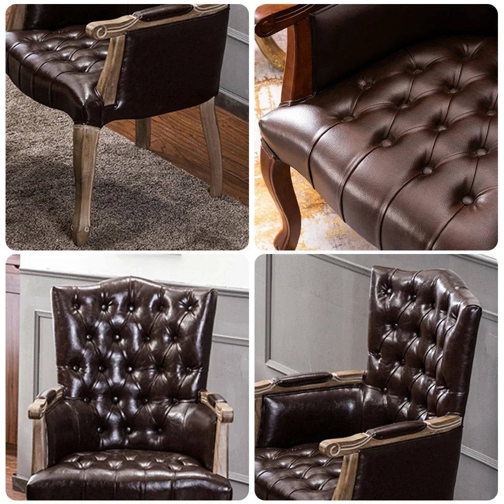 LIVARA Deep Coffee Vintage Accent Armchair Sofa Leather Backrest Wood Room Single PU Frame Solid Dark Elegant Living Tufted Upholstery Chair Retro Coffee